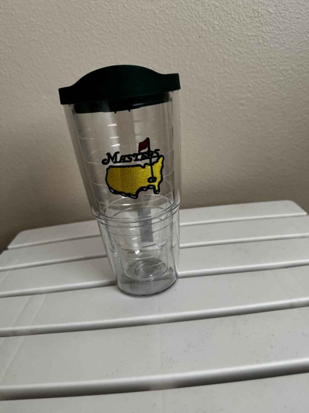 Masters Clear Tumbler with Yellow Logo and Dark Green Lid